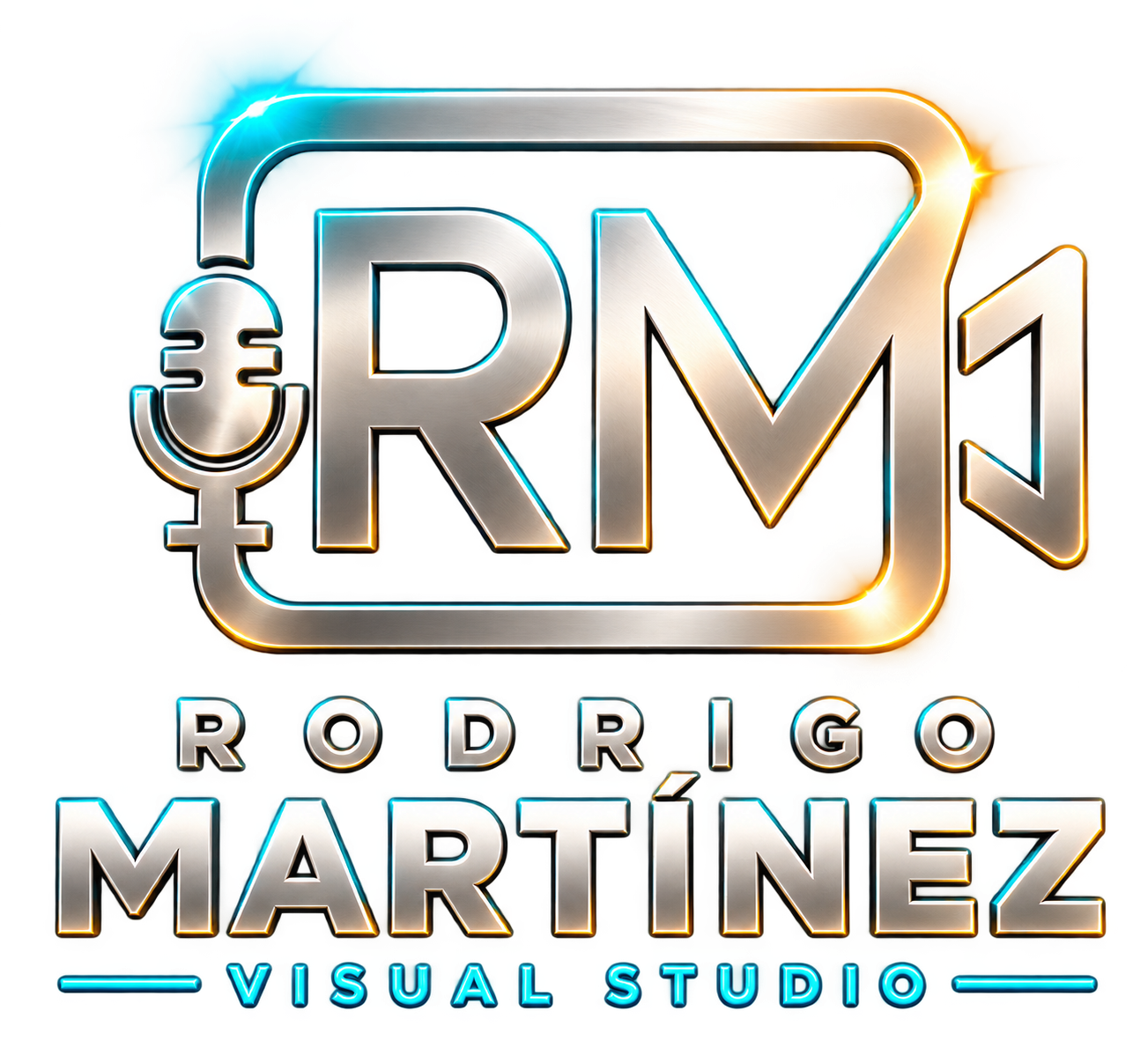 Rodrigo Martínez Visual Studio: logo RM con cámara y micrófono
