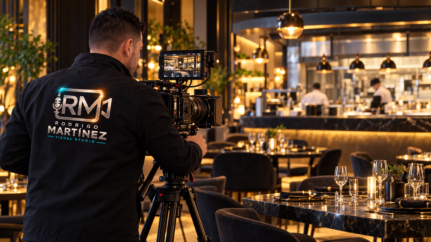 Imagen conceptual de Rodrigo grabando un restaurante con cámara de cine y chaqueta de RM Visual Studio